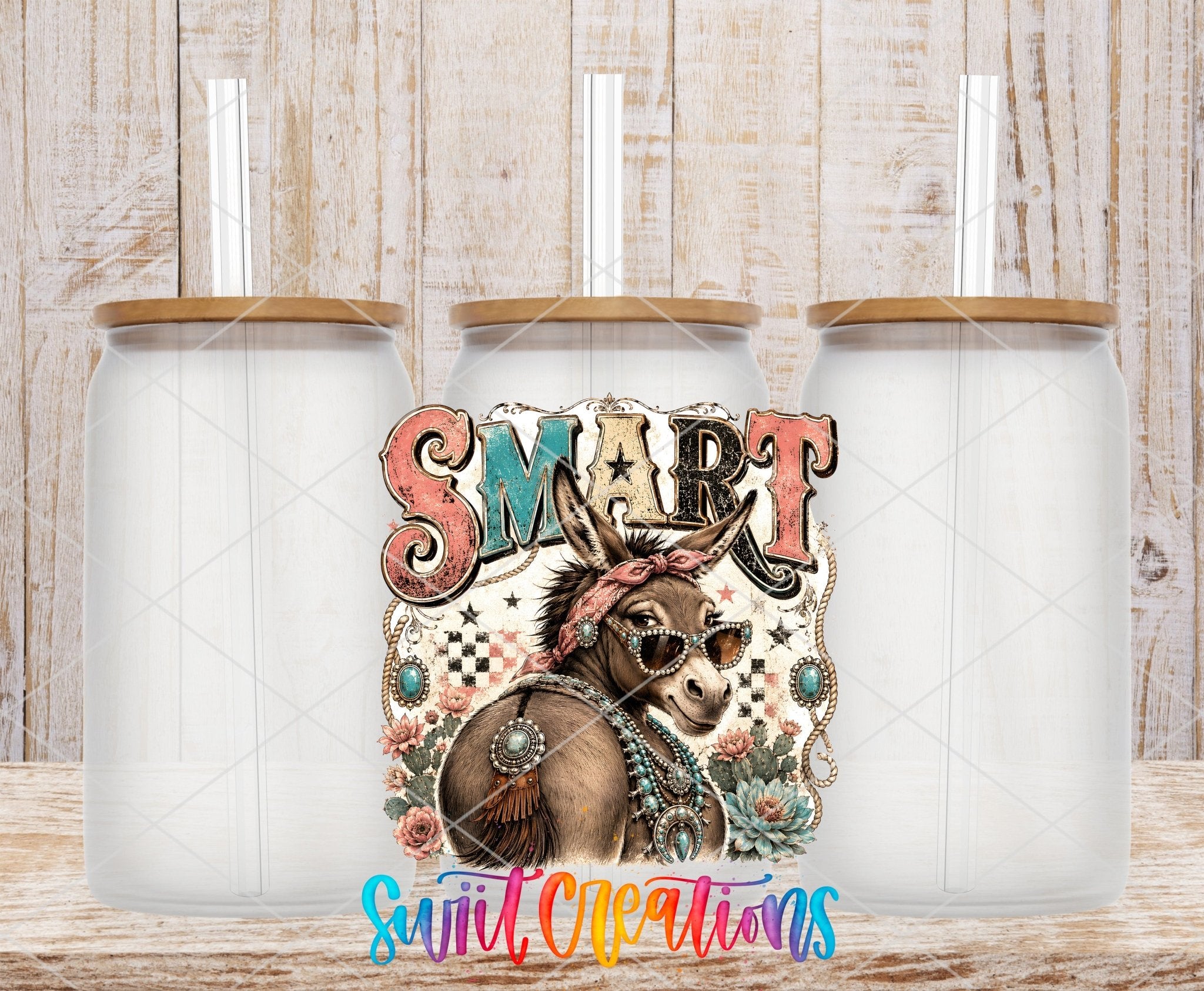 Smart Ass Western Donkey UV DTF Transfer | Retro Cowboy Donkey Drinkware Design | UV2090 - Swiit Creations