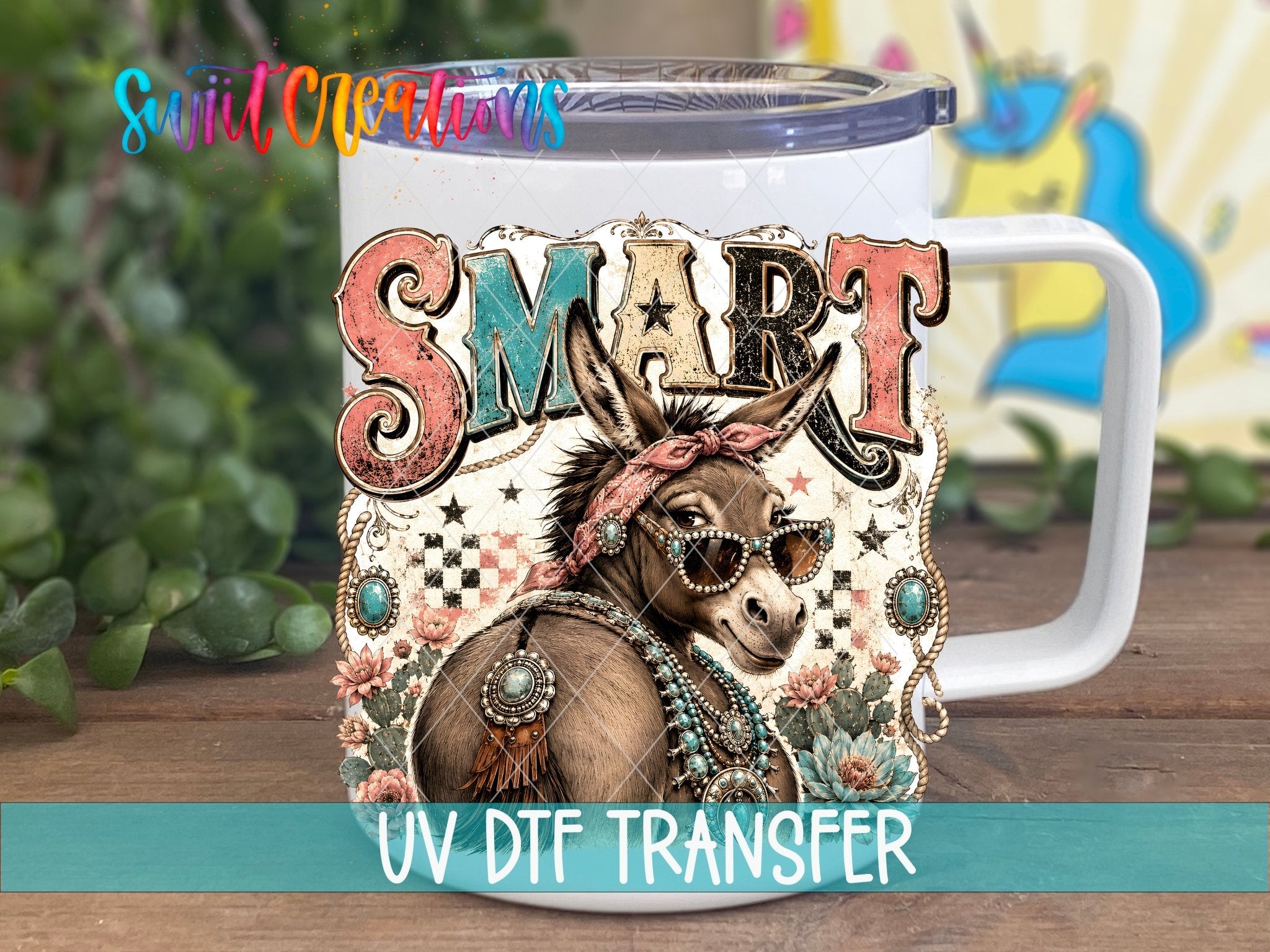Smart Ass Western Donkey UV DTF Transfer | Retro Cowboy Donkey Drinkware Design | UV2090 - Swiit Creations