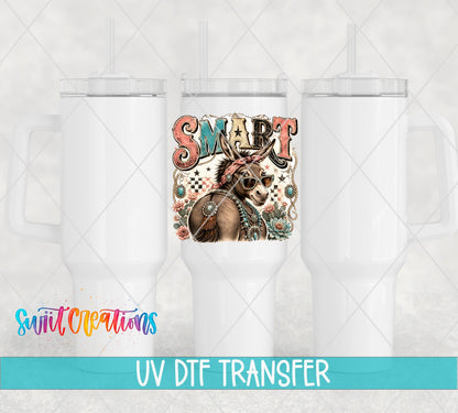 Smart Ass Western Donkey UV DTF transfer applied to a white tumbler set from Swiit Creations