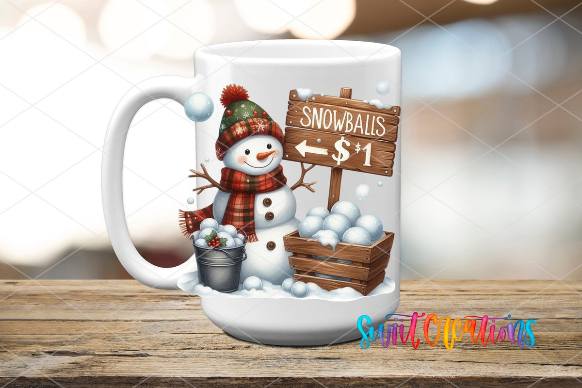 Swiit Creations UV DTF Snowballs Snowman Christmas transfer applied to a white ceramic mug