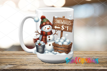 Swiit Creations UV DTF Snowballs Snowman Christmas transfer applied to a white ceramic mug