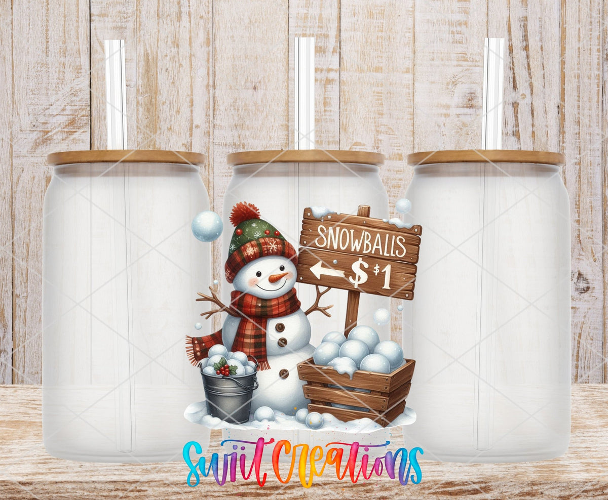 Swiit Creations UV DTF Snowballs Snowman Christmas transfer shown on a clear glass can set