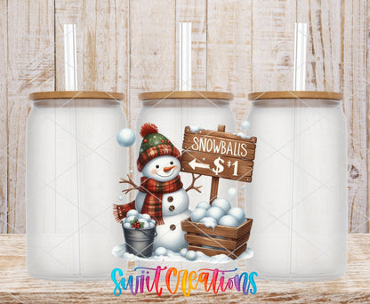 Swiit Creations UV DTF Snowballs Snowman Christmas transfer shown on a clear glass can set