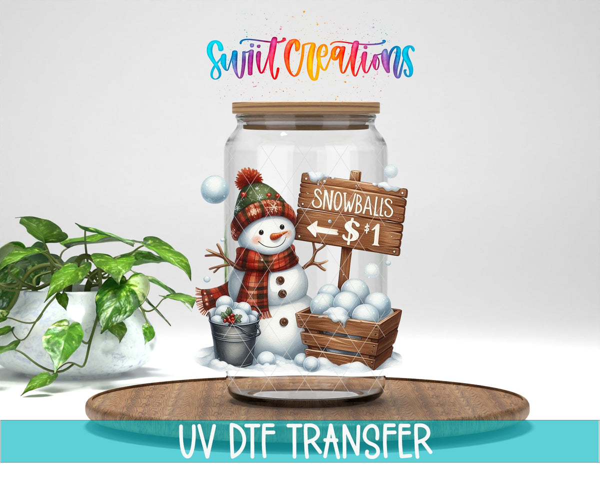 Swiit Creations UV DTF Snowballs Snowman Christmas transfer displayed on a clear jar mockup
