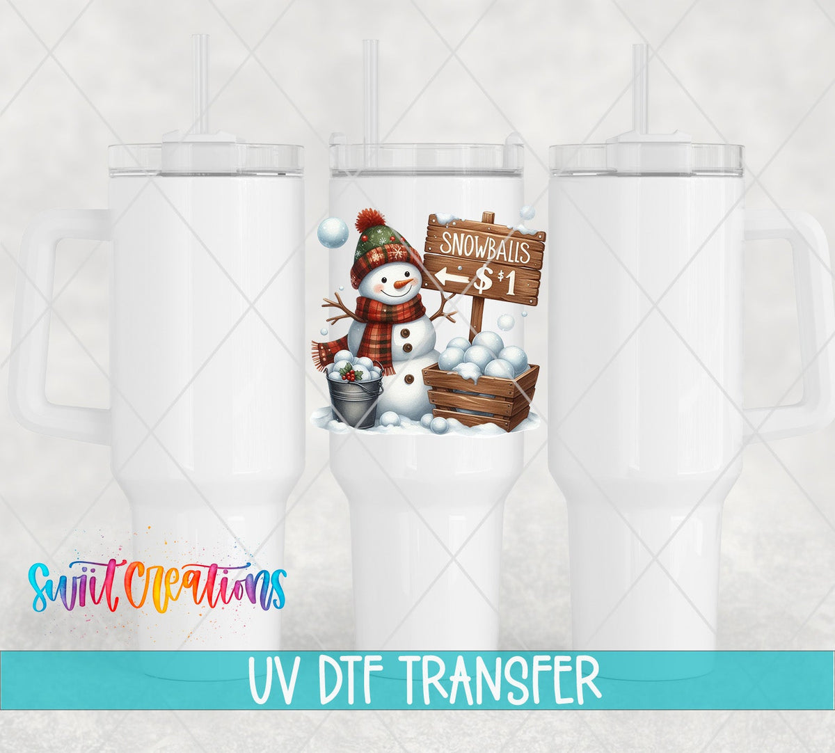 Swiit Creations UV DTF Snowballs Snowman Christmas transfer shown on a white tumbler set