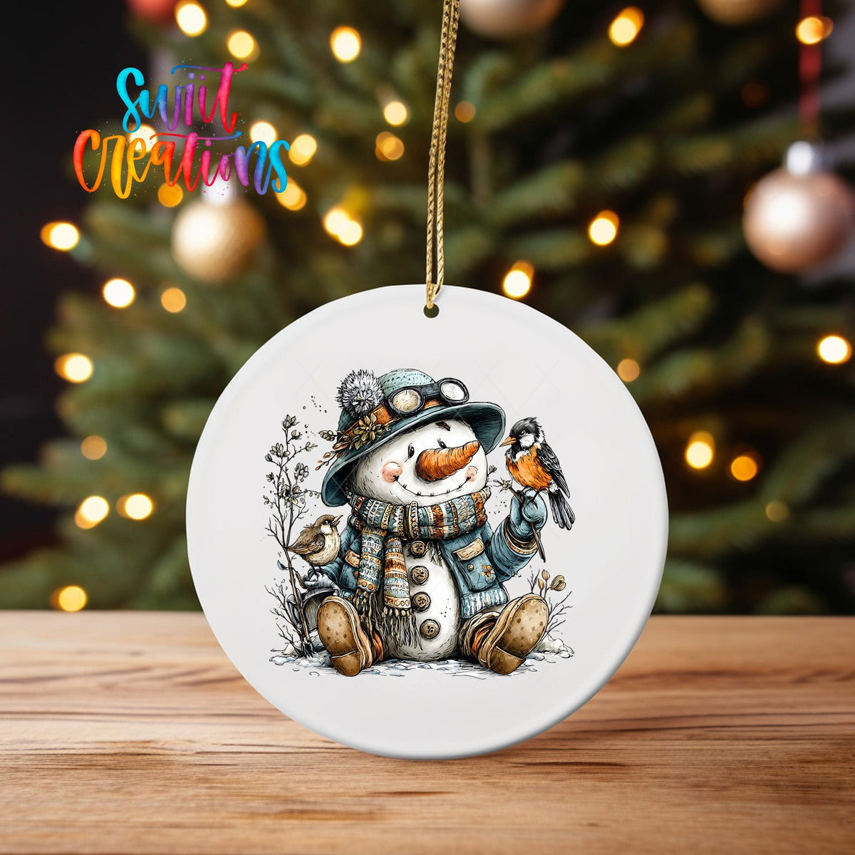 Snowman With Birds And Hat Christmas Ornament UV DTF Transfer Winter Holiday Decor | O-1890 - Swiit Creations
