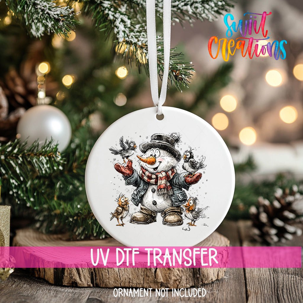 Snowman With Birds And Mittens Christmas Ornament UV DTF Transfer Winter Holiday Decor | O-1891 - Swiit Creations