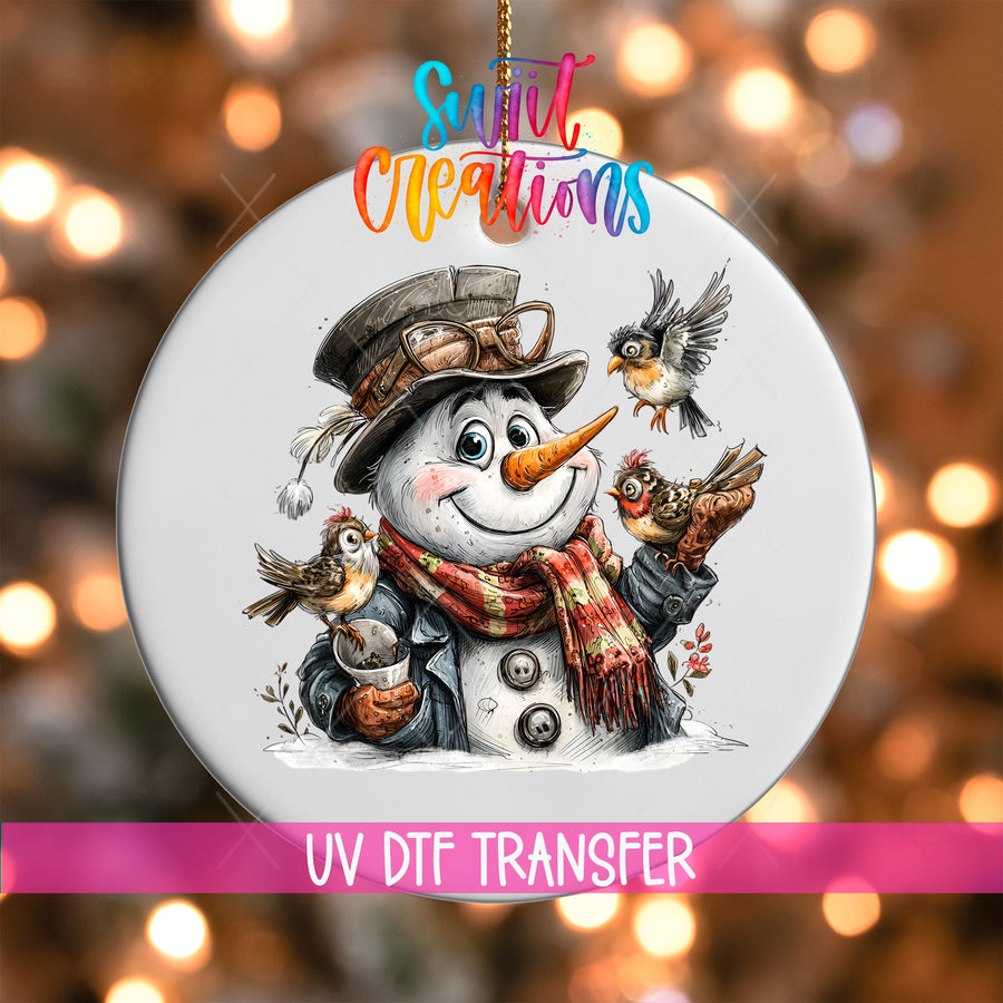 Snowman With Birds And Scarf Christmas Ornament UV DTF Transfer Winter Holiday Decor | O-1893