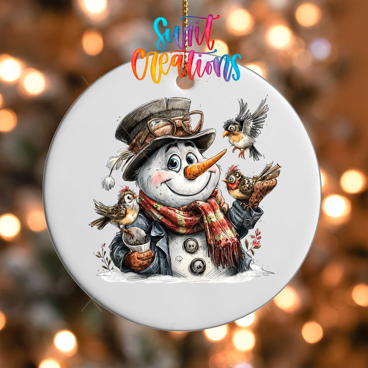 Snowman With Birds And Scarf Christmas Ornament UV DTF Transfer Winter Holiday Decor | O-1893 - Swiit Creations