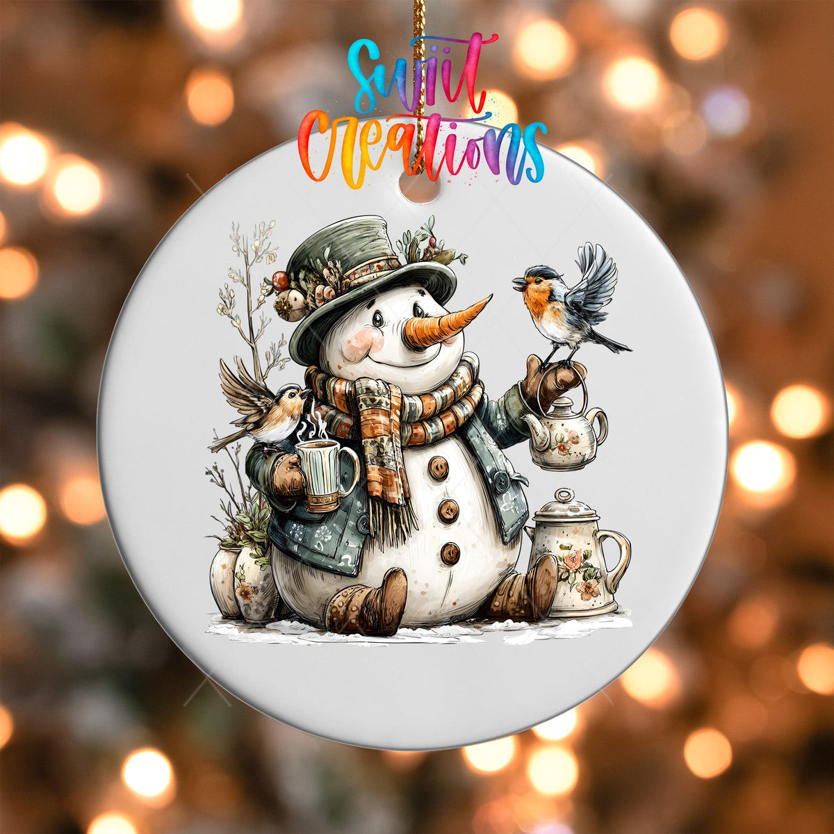 Snowman With Birds And Teapot Christmas Ornament UV DTF Transfer Winter Holiday Decor | O-1892 - Swiit Creations