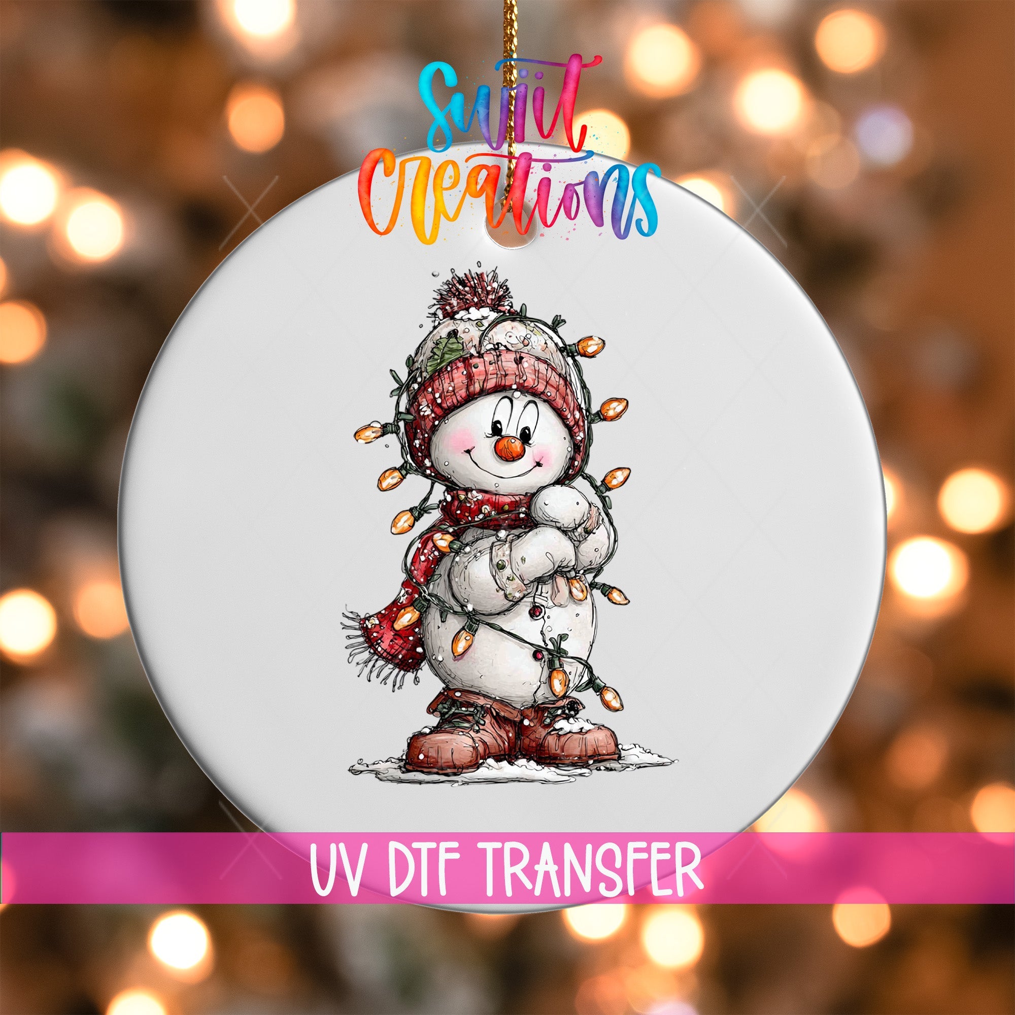 Snowman With Christmas Lights UV DTF Ornament Transfer | O-1834 - Swiit Creations