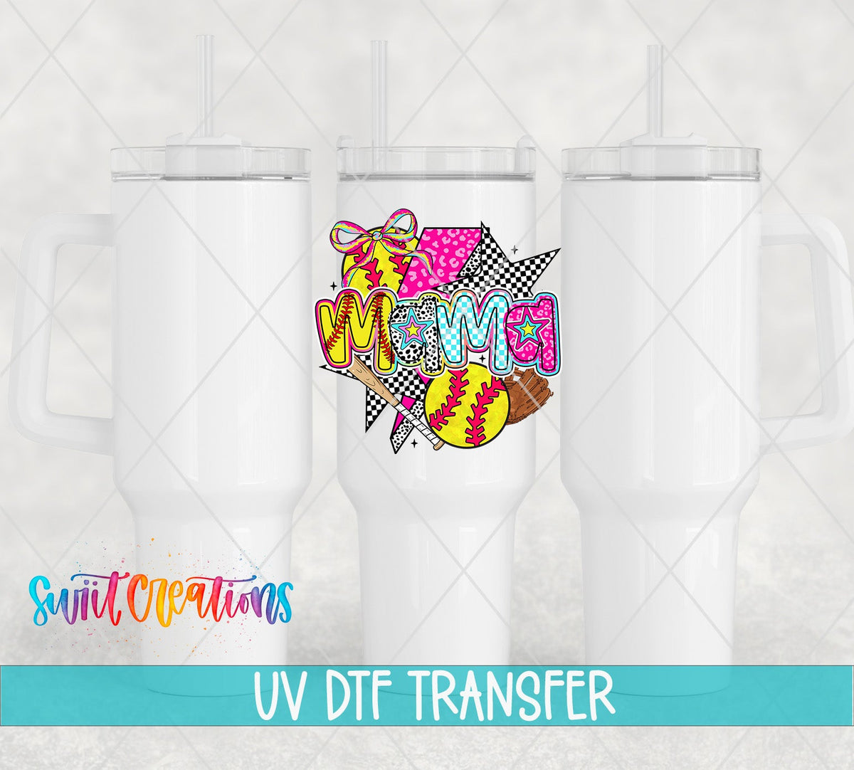 Softball Mama Colorful Sports UV DTF transfer applied to a white tumbler set from Swiit Creations
