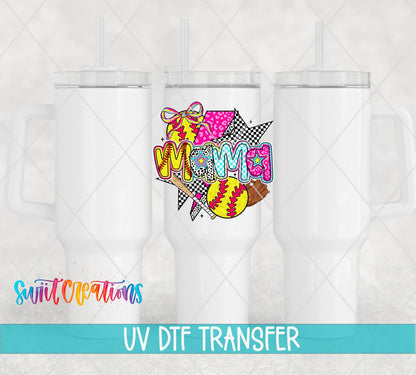 Softball Mama Colorful Sports UV DTF transfer applied to a white tumbler set from Swiit Creations