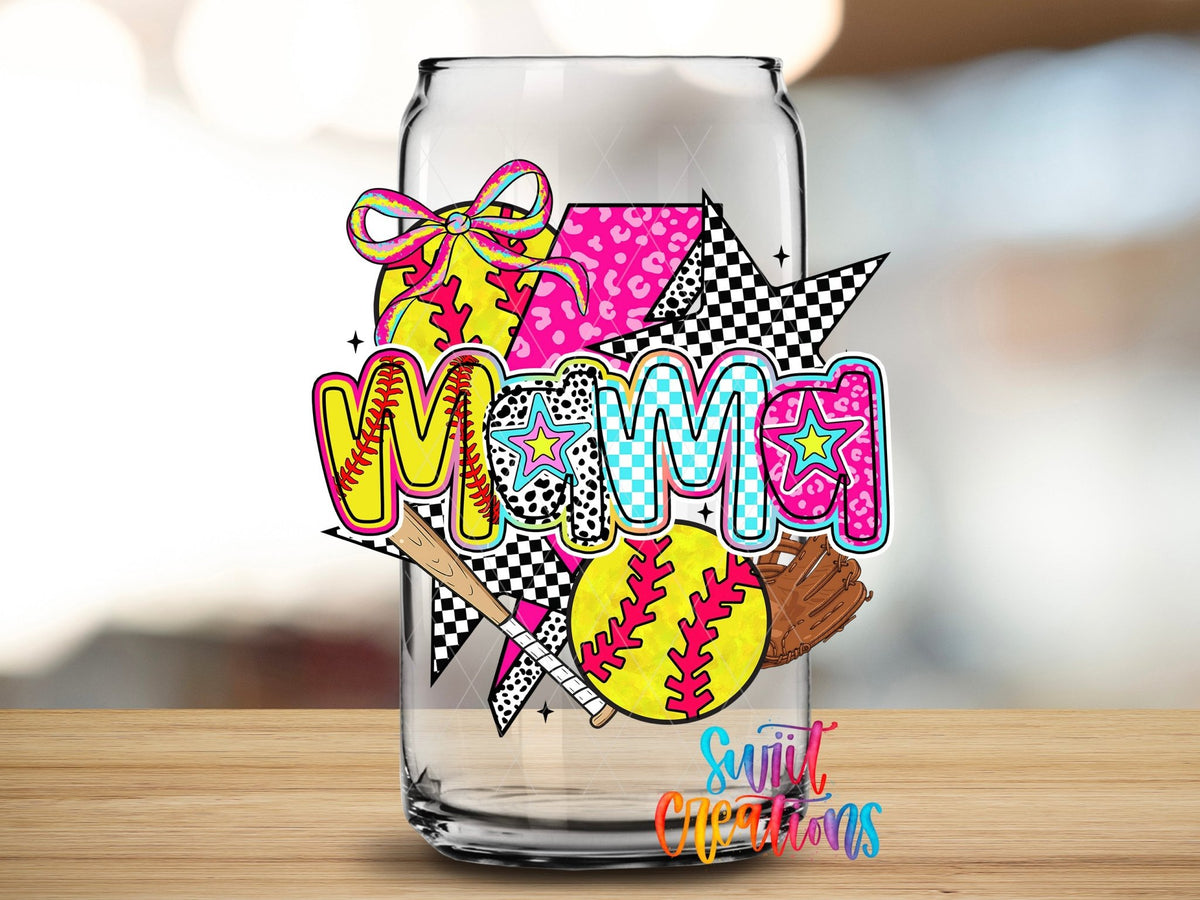 Softball Mama Colorful Sports UV DTF transfer applied to a clear glass can from Swiit Creations