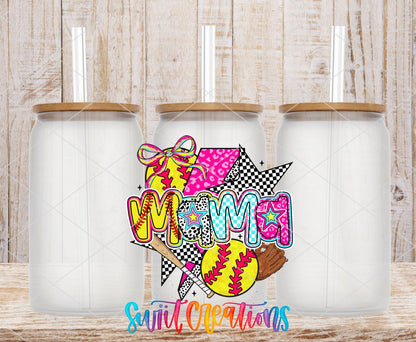 Softball Mama Colorful Sports UV DTF transfer applied to a clear glass can set from Swiit Creations