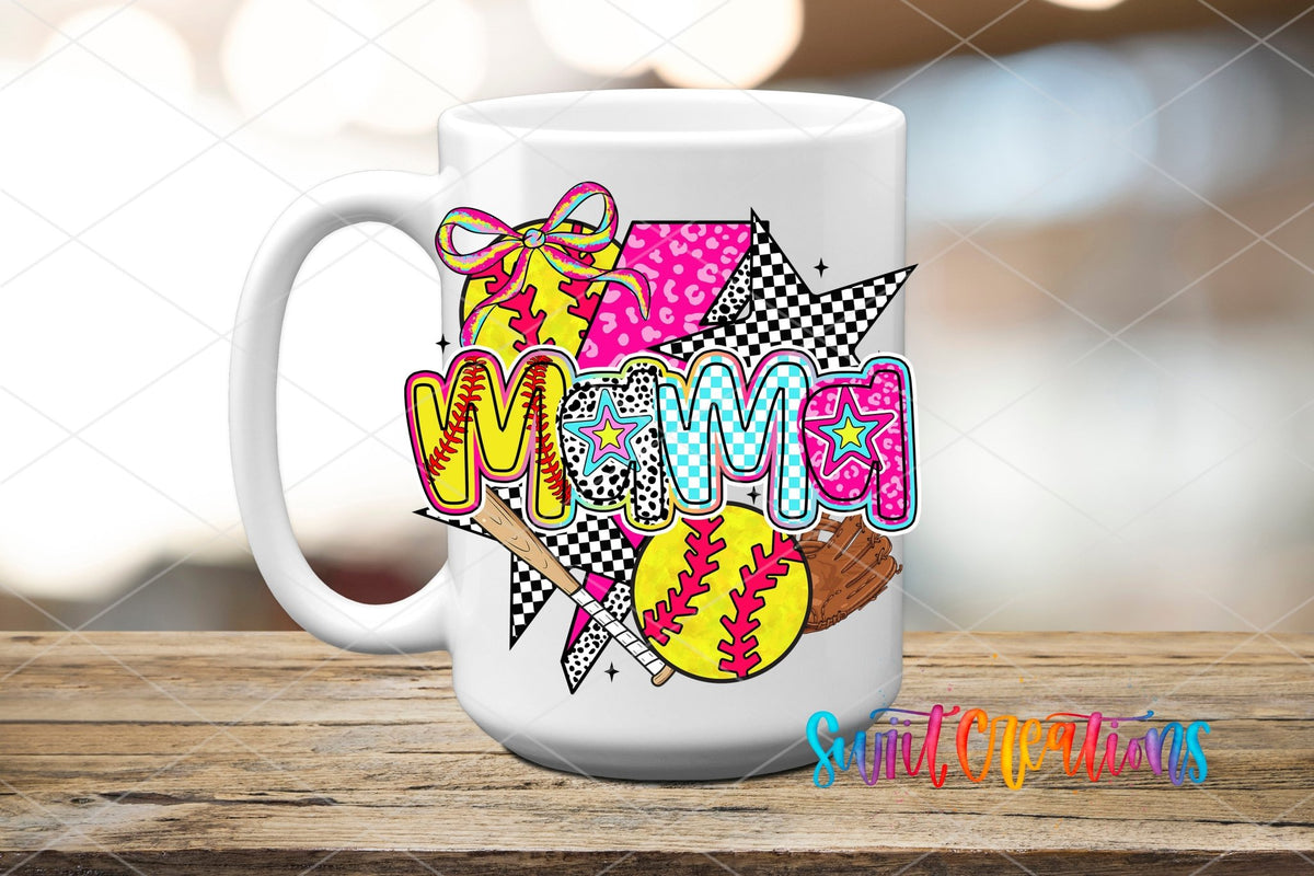 Softball Mama Colorful Sports UV DTF transfer displayed on a white ceramic mug from Swiit Creations