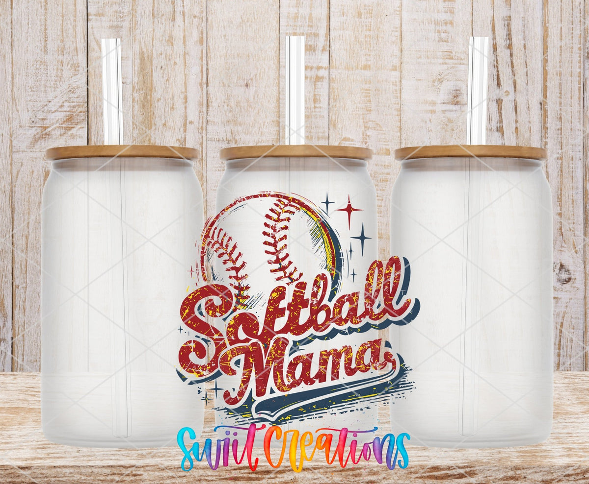 Softball Mama Retro UV DTF transfer applied to a clear glass can set from Swiit Creations
