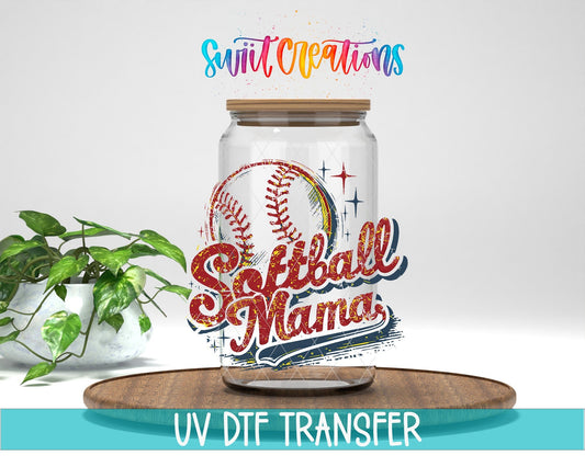 Softball Mama Retro UV DTF transfer displayed on a clear jar mockup from Swiit Creations