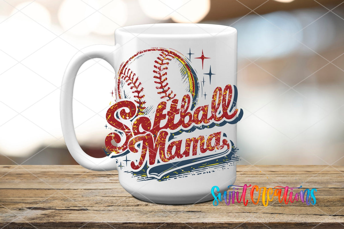 Softball Mama Retro UV DTF transfer displayed on a white ceramic mug from Swiit Creations