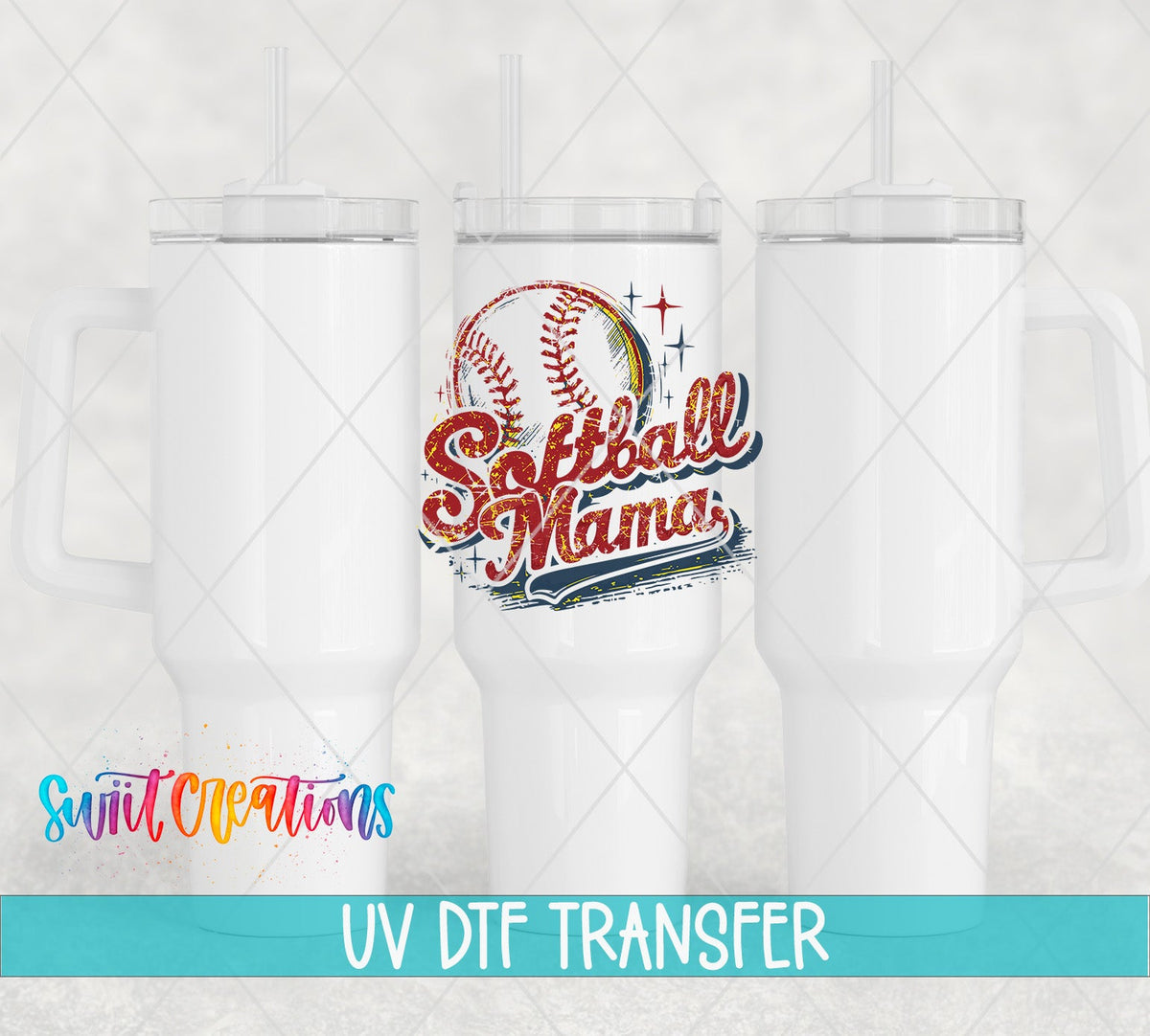 Softball Mama Retro UV DTF transfer applied to a white tumbler set from Swiit Creations