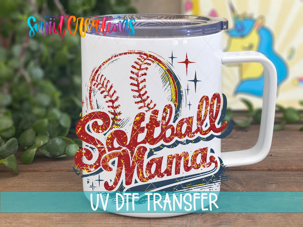 Softball Mama Retro UV DTF transfer displayed on a white coffee mug from Swiit Creations
