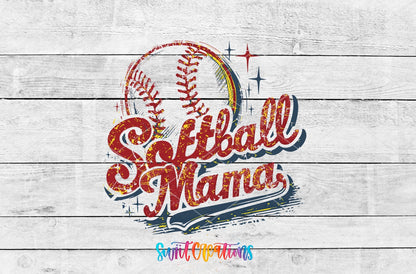 Softball Mama Retro UV DTF transfer shown as a full artwork preview from Swiit Creations