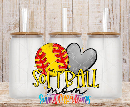 Softball Mom UV DTF Transfer Tumbler Wrap | Yellow Red Heart Sports Cup Decal | DTF241 - Swiit Creations