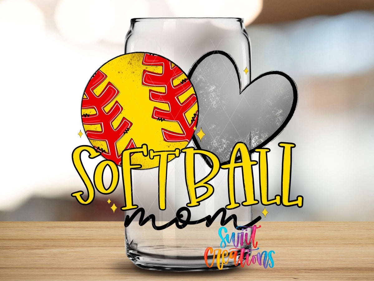 Softball Mom UV DTF Transfer Tumbler Wrap | Yellow Red Heart Sports Cup Decal | DTF241 - Swiit Creations