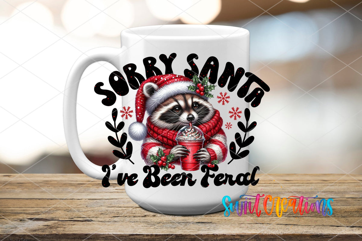 Swiit Creations UV DTF Feral Raccoon Christmas transfer applied to a white ceramic mug