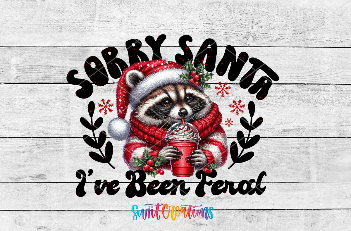 Swiit Creations UV DTF Feral Raccoon Christmas transfer shown as the full artwork preview