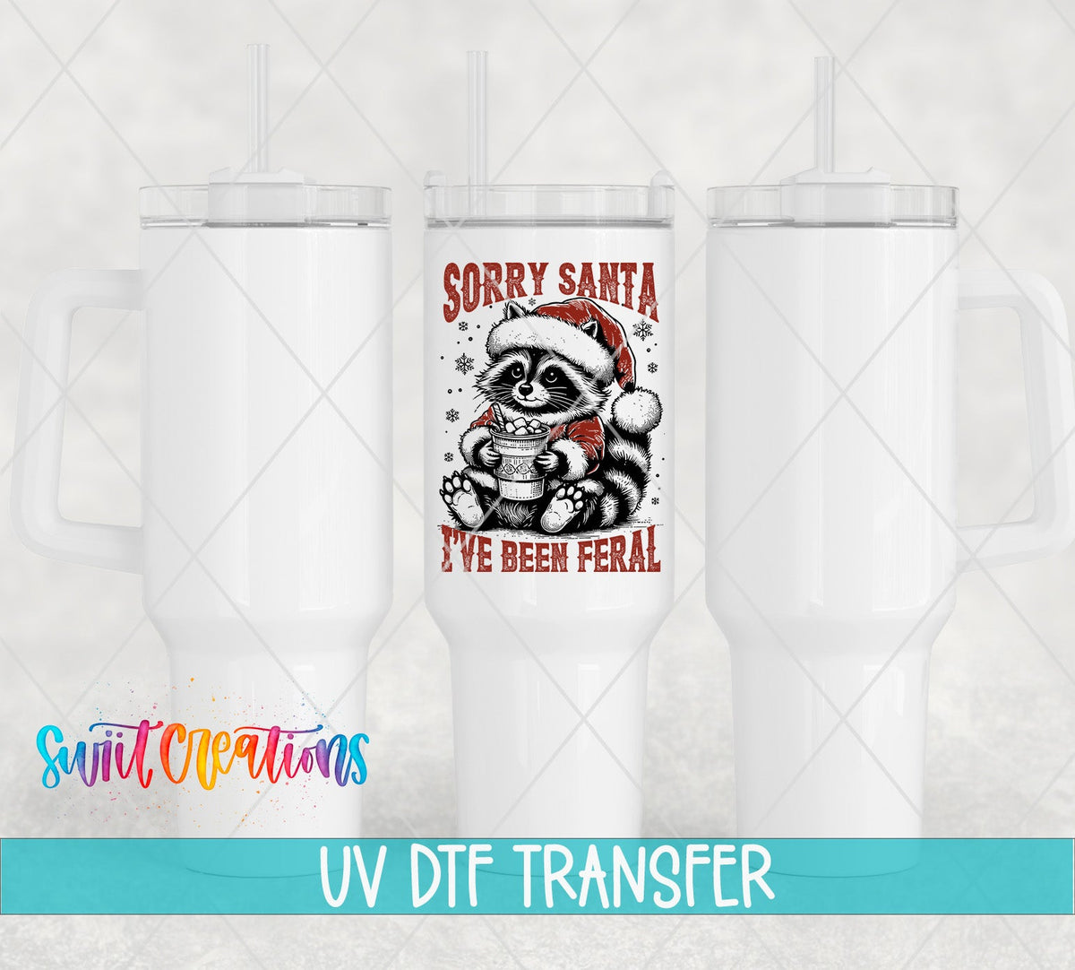 Swiit Creations UV DTF Feral Raccoon Christmas transfer shown on a white tumbler set