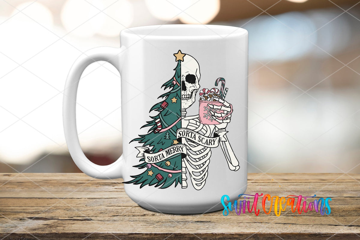 Swiit Creations UV DTF Sorta Merry Sorta Scary Skeleton Christmas transfer applied to a white ceramic mug