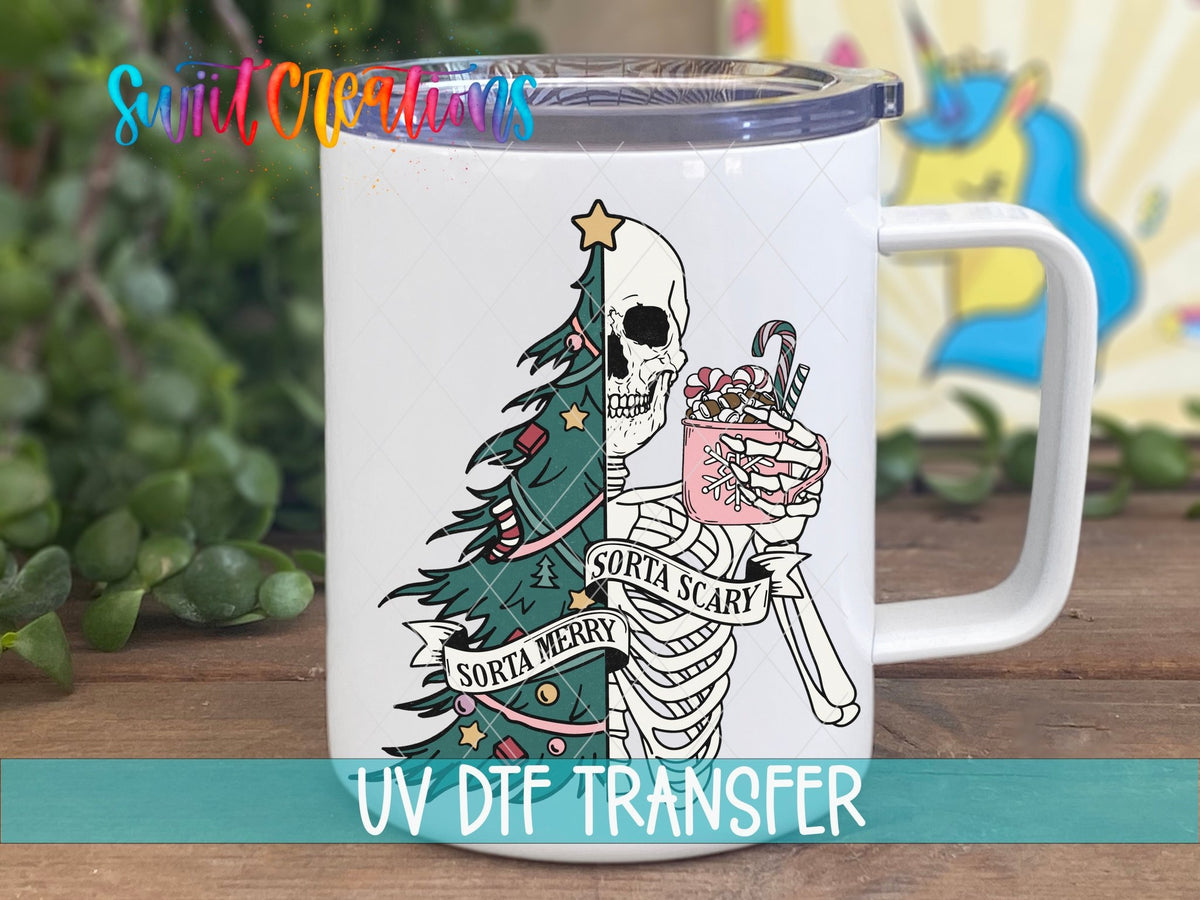 Swiit Creations UV DTF Sorta Merry Sorta Scary Skeleton Christmas transfer displayed on a white coffee mug