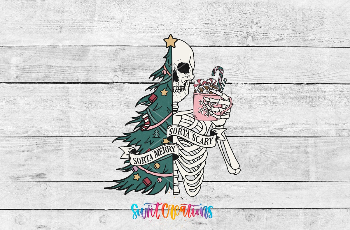 Swiit Creations UV DTF Sorta Merry Sorta Scary Skeleton Christmas transfer shown as the full artwork preview