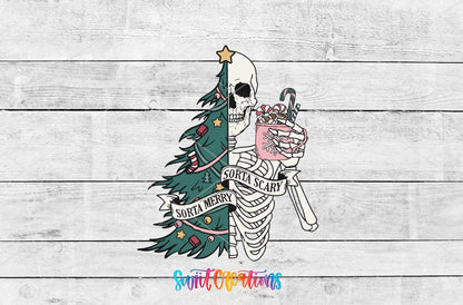 Swiit Creations UV DTF Sorta Merry Sorta Scary Skeleton Christmas transfer shown as the full artwork preview