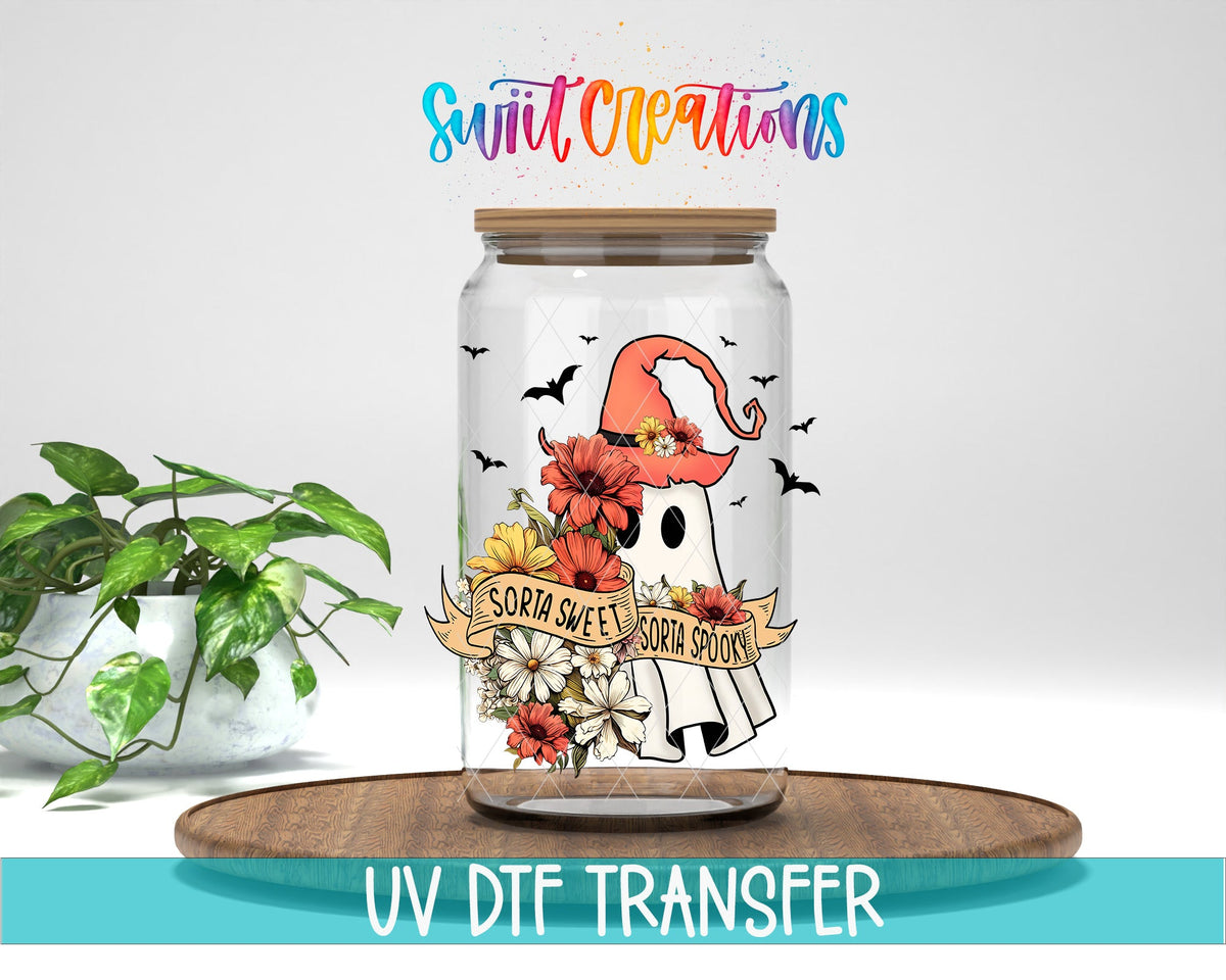 Swiit Creations UV DTF Sorta Sweet Spooky Ghost Floral Halloween transfer displayed on a clear jar mockup