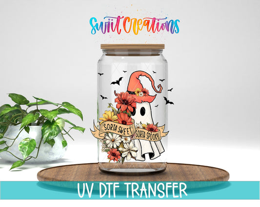 Swiit Creations UV DTF Sorta Sweet Spooky Ghost Floral Halloween transfer displayed on a clear jar mockup