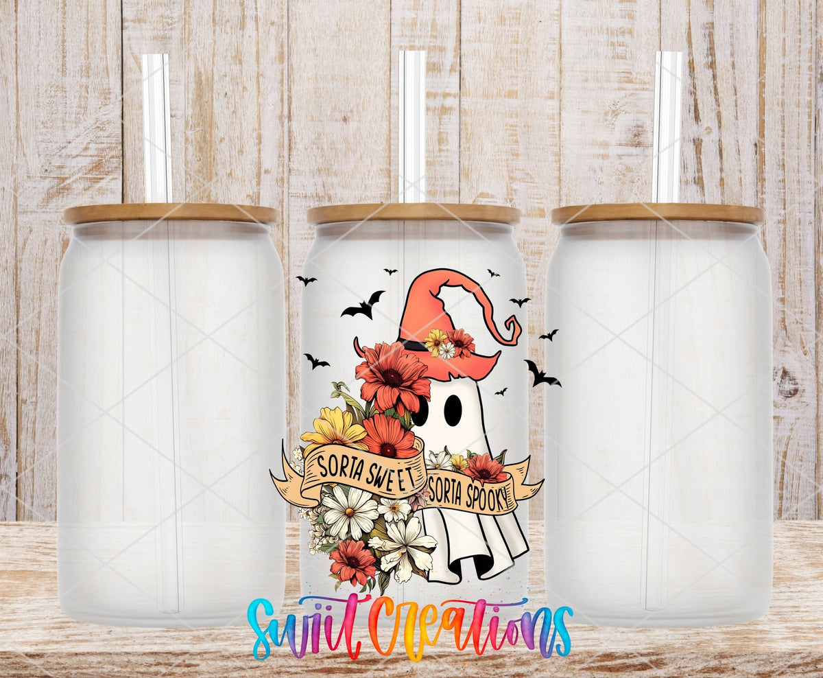 Swiit Creations UV DTF Sorta Sweet Spooky Ghost Floral Halloween transfer shown on a clear glass can set
