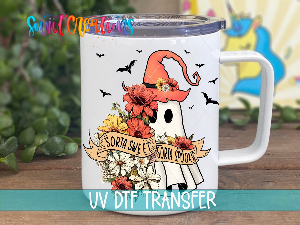 Swiit Creations UV DTF Sorta Sweet Spooky Ghost Floral Halloween transfer displayed on a white coffee mug