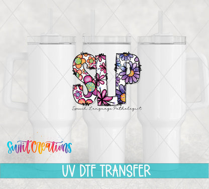Speech Language Pathologist SLP UV DTF transfer applied to a white tumbler set from Swiit Creations