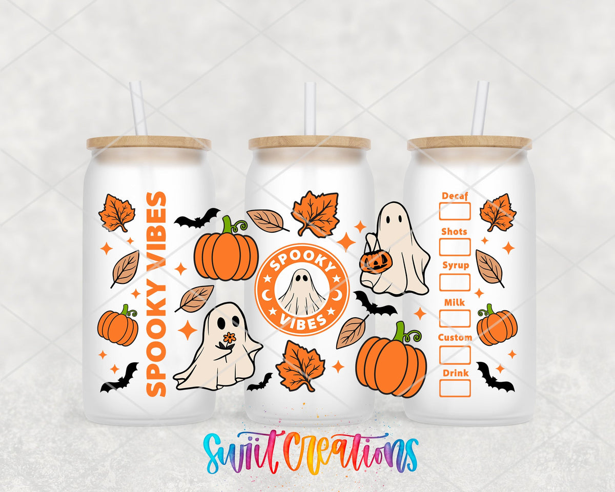 Spooky Vibes UV DTF Transfer Tumbler Wrap | Ghost Pumpkin Halloween Coffee Cup Decal | DTF270 - Swiit Creations