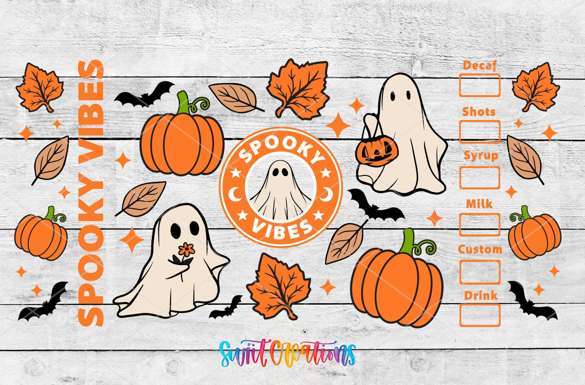 Spooky Vibes UV DTF Transfer Tumbler Wrap | Ghost Pumpkin Halloween Coffee Cup Decal | DTF270 - Swiit Creations