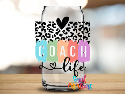 Sport Coach Life Leopard UV DTF transfer applied to a clear glass can from Swiit Creations