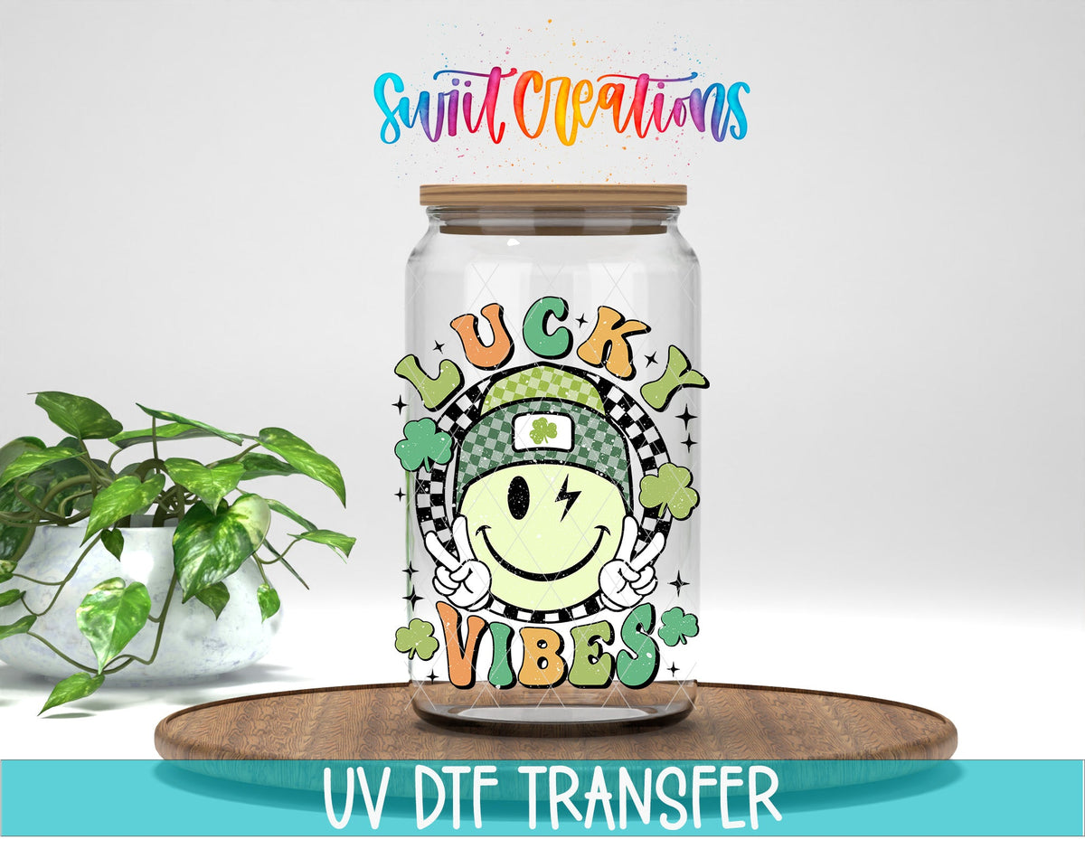 St Patricks Lucky Vibes UV DTF transfer displayed on a clear jar mockup from Swiit Creations