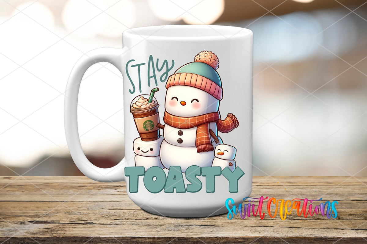 Swiit Creations UV DTF Stay Toasty Snowman Coffee Christmas transfer applied to a white ceramic mug