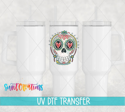 Sugar Skull Heart Eyes UV DTF transfer applied to a white tumbler set from Swiit Creations