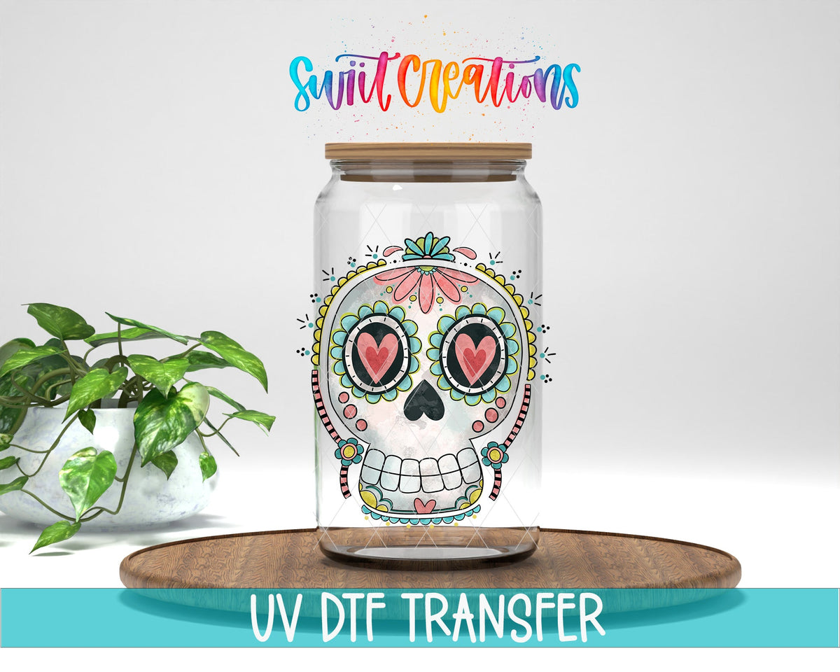 Sugar Skull Heart Eyes UV DTF transfer displayed on a clear jar mockup from Swiit Creations