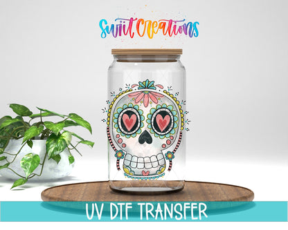 Sugar Skull Heart Eyes UV DTF transfer displayed on a clear jar mockup from Swiit Creations