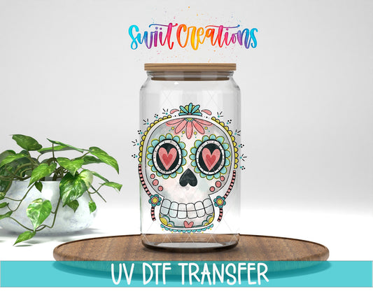 Sugar Skull Heart Eyes UV DTF transfer displayed on a clear jar mockup from Swiit Creations