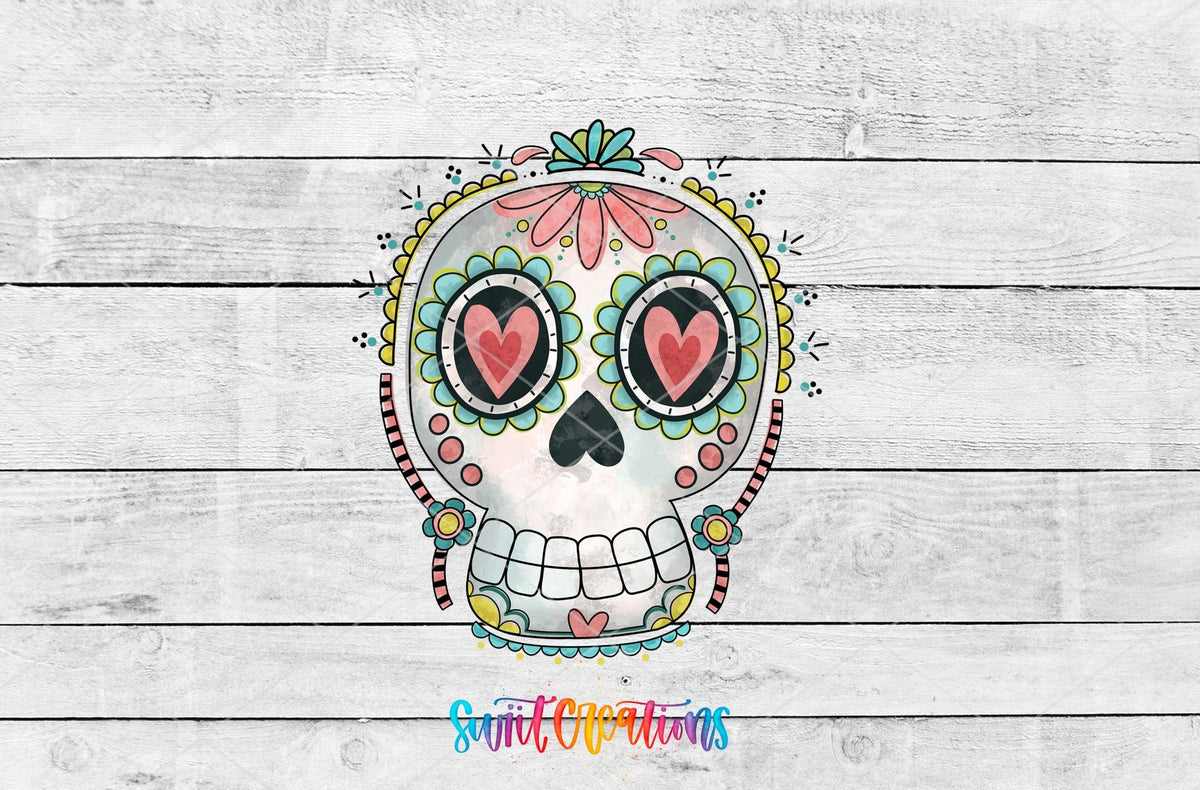 Sugar Skull Heart Eyes UV DTF transfer shown as a full artwork preview from Swiit Creations